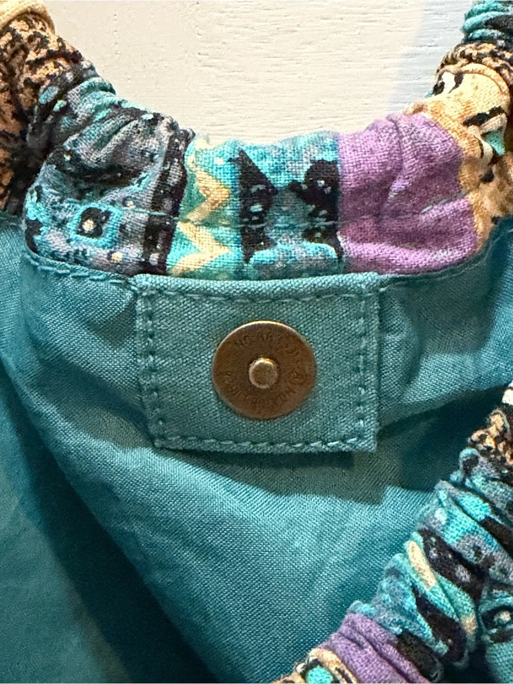 Boho Teal Slouchy Hobo Shoulder Bag  Artisanal Fabric Appliqués Studs